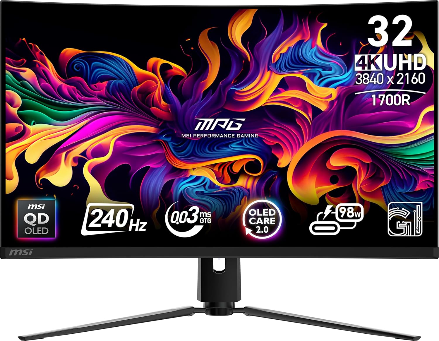 The MSI MPG 321URX QD-OLED gaming monitor on its stand, displaying a vibrant, colorful abstract image on its 32-inch curved screen.